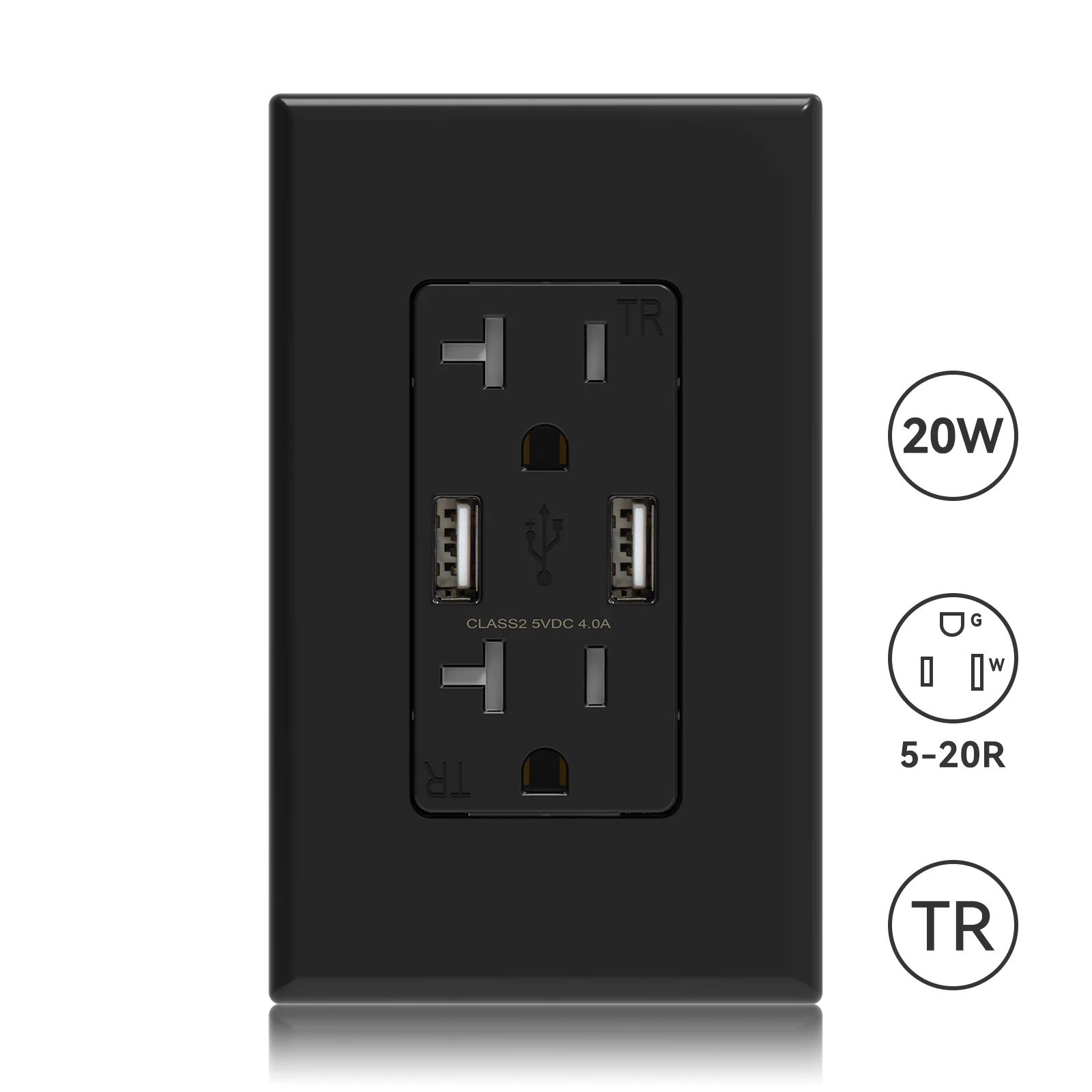 USB A/A, 4.0A 5VDC Total Output Outlet with 15A/20A, Tamper-Resistant Wall Outlet - Image 4