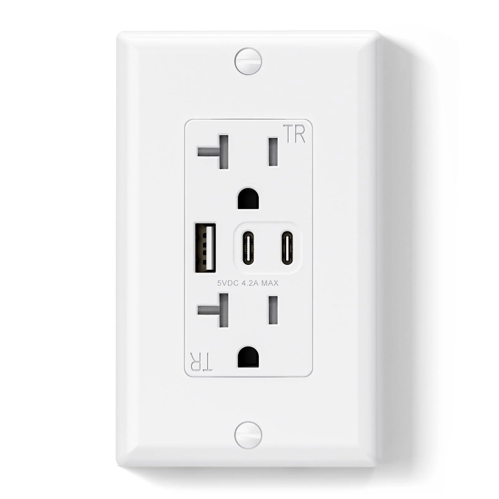 USB C/C/A, 4.2A 5VDC Total Output with 15A/20A, Tamper-Resistant Screw Wall Outlet
