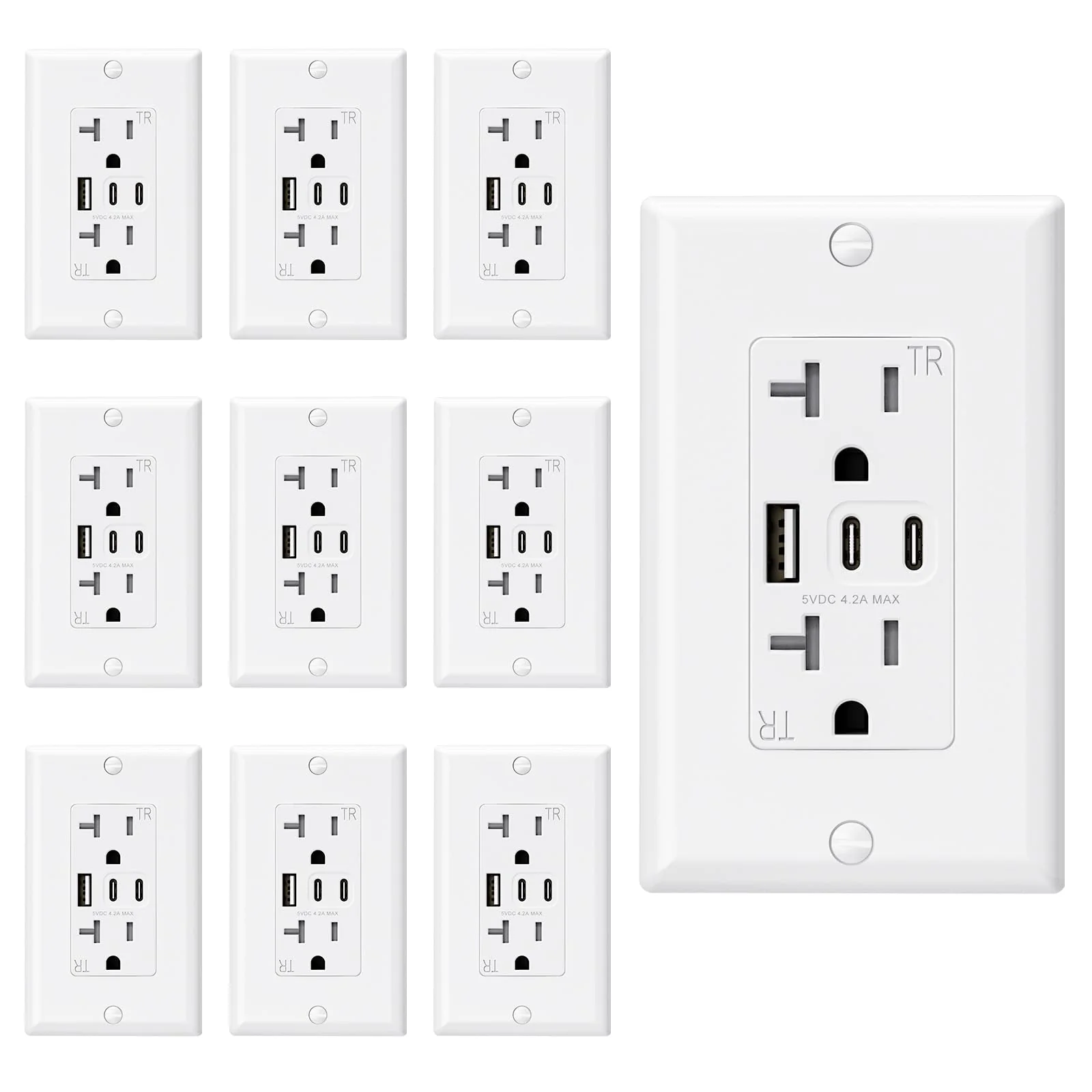 USB C/C/A, 4.2A 5VDC Total Output with 15A/20A, Tamper-Resistant Screw Wall Outlet - Image 10