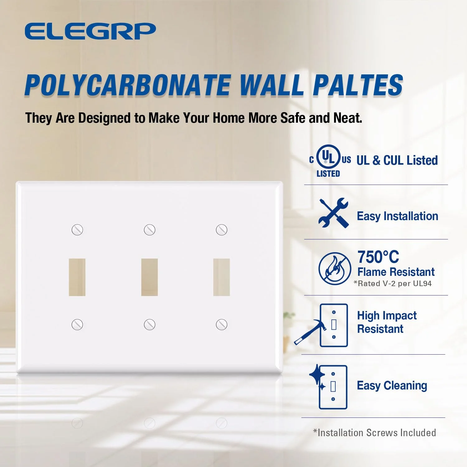 ELEGRP 3-Gang Toggle Switch Wall Plate, Mid-Size, Unbreakable Thermoplastic Cover for Toggle and Dimmer Switches, UL Listed - Image 12