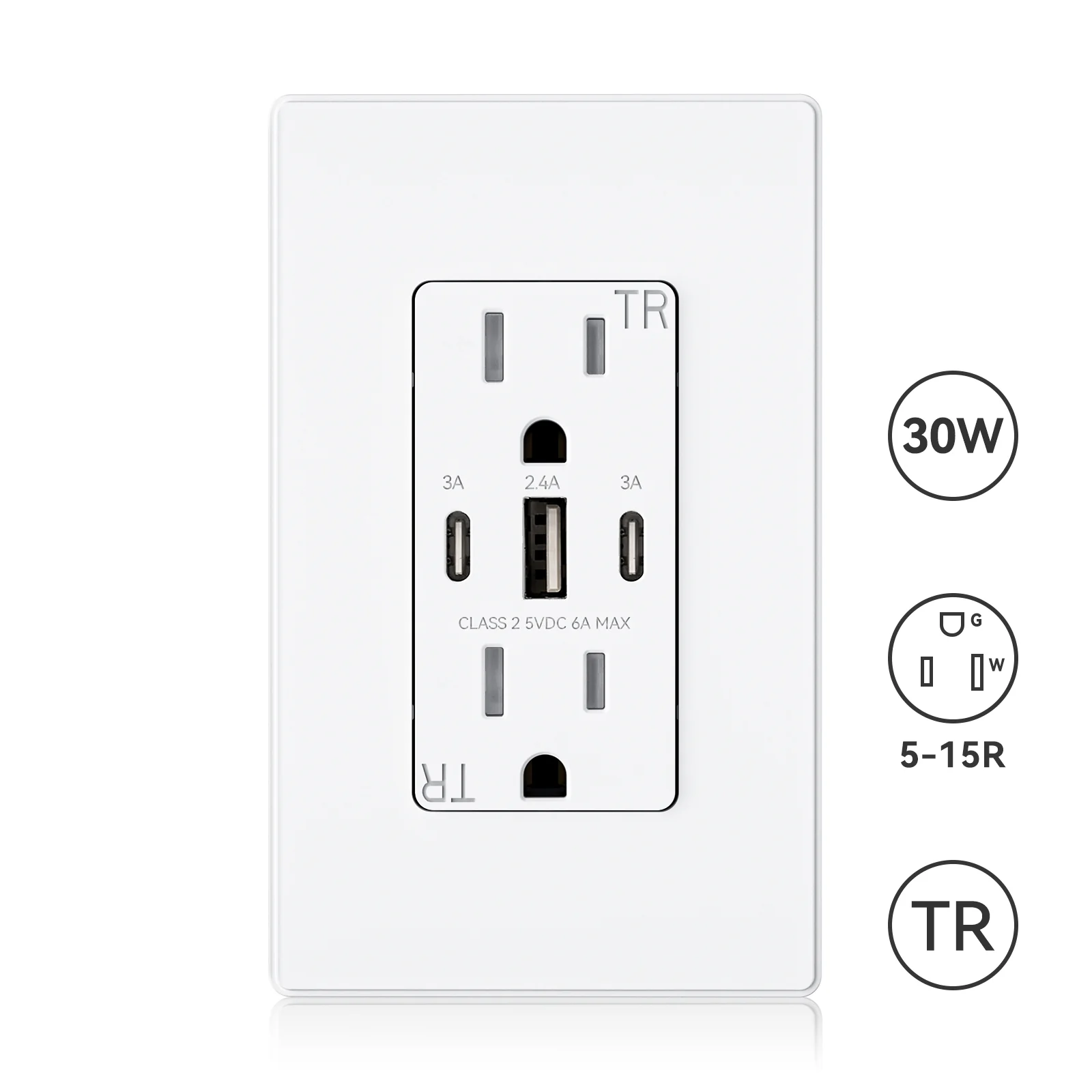 USB C/C/A, 6.0A 5VDC Total Output Outlet with 15A/20A, Tamper-Resistant Wall Outlet