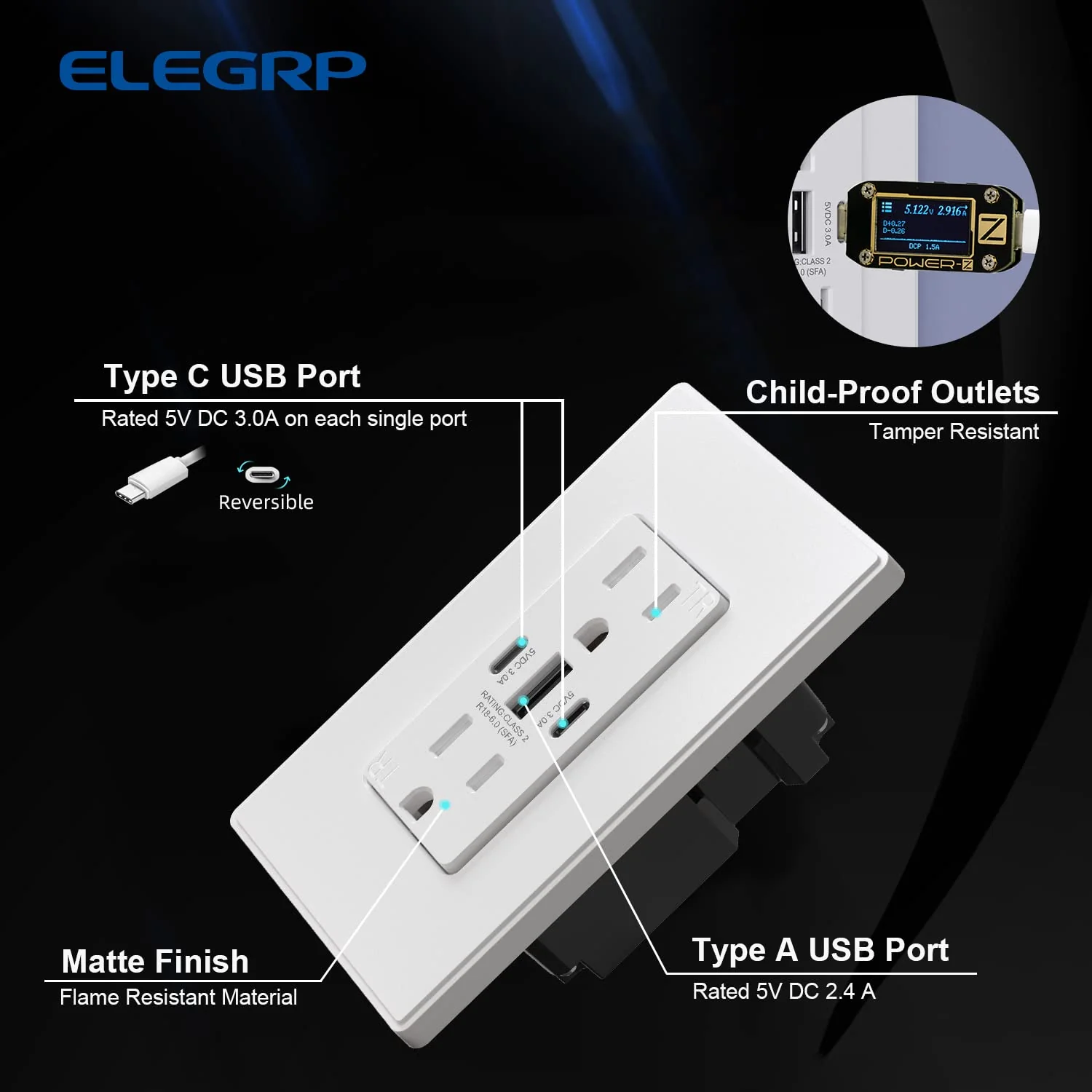 USB C/C/A, 6.0A 5VDC Total Output Outlet with 15A/20A, Tamper-Resistant Wall Outlet - Image 9