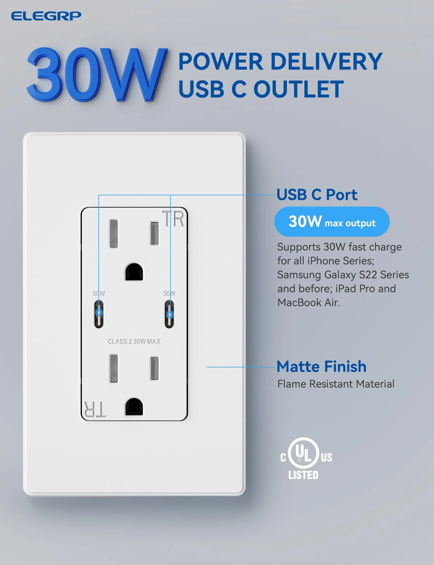 USB C/C, 30W 6.0A Total Output Outlet with 15A/20A, Tamper-Resistant Wall Outlet - Image 12