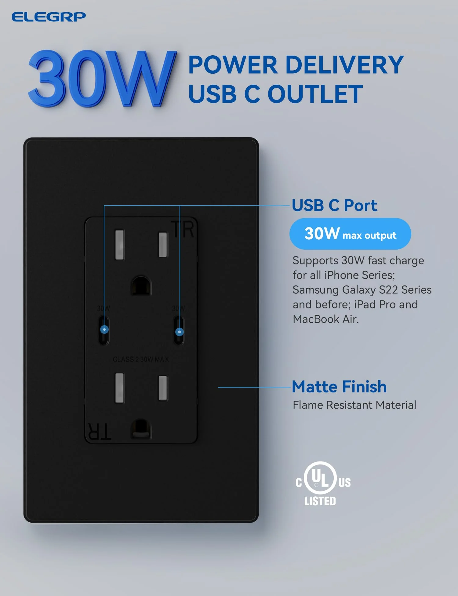 USB C/C, 30W 6.0A Total Output Outlet with 15A/20A, Tamper-Resistant Wall Outlet - Image 9
