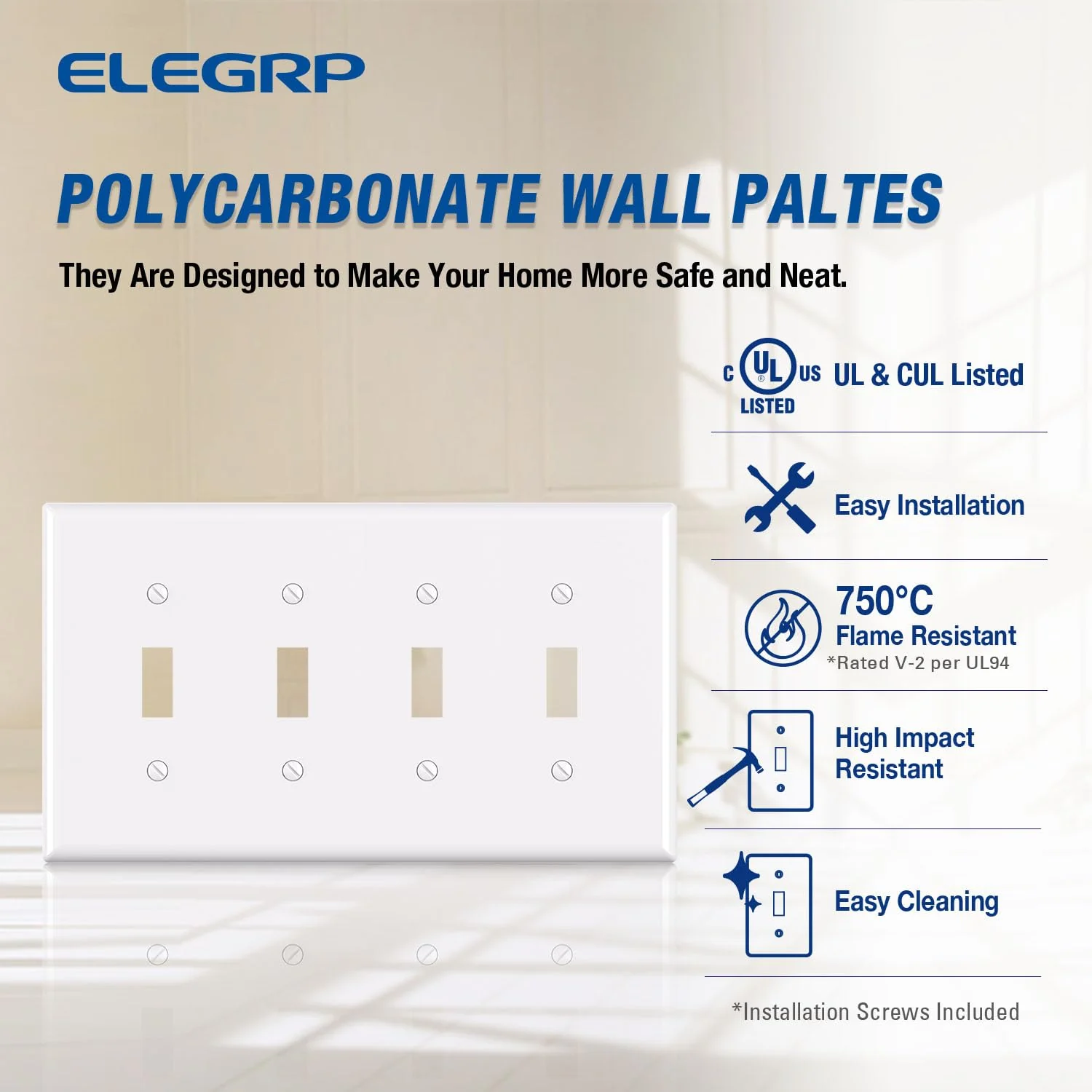 ELEGRP 4-Gang Toggle Switch Wall Plate, Mid-Size 4.88" x 8.57", Unbreakable Thermoplastic, Matte Finish, UL Listed (1 Pack) - Image 11
