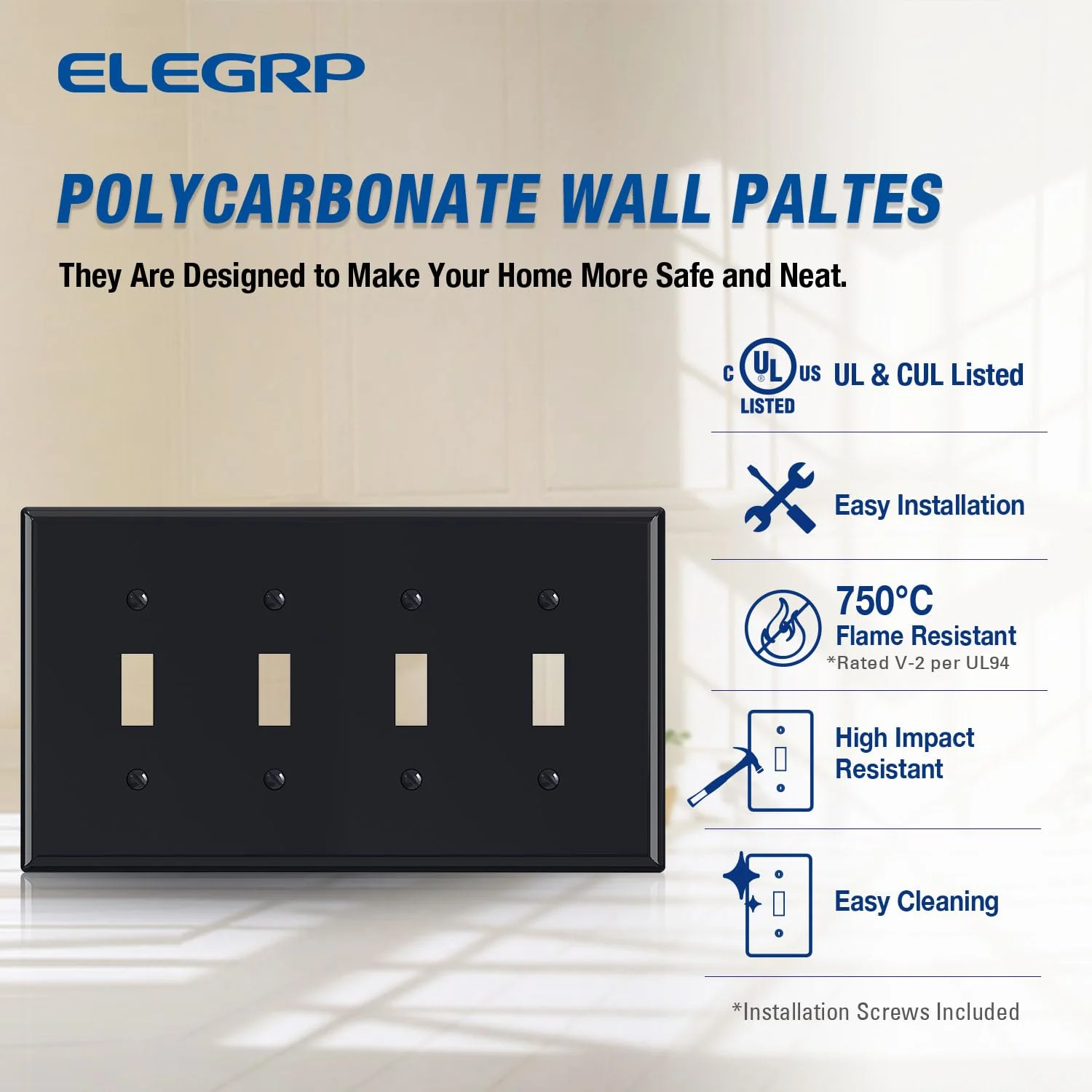 ELEGRP 4-Gang Toggle Switch Wall Plate, Mid-Size 4.88" x 8.57", Unbreakable Thermoplastic, Matte Finish, UL Listed (1 Pack) - Image 6