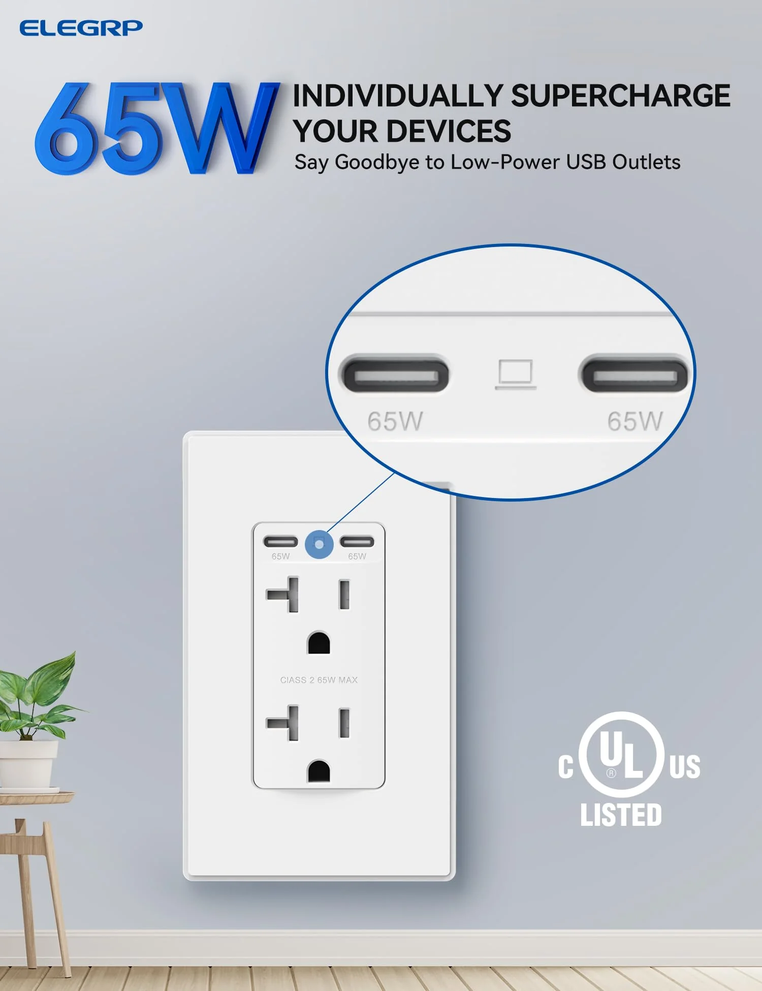 USB C/C, 65W Total Output, Fast Charging Outlet with 15A/20A, Tamper-Resistant Wall Outlet - Image 5