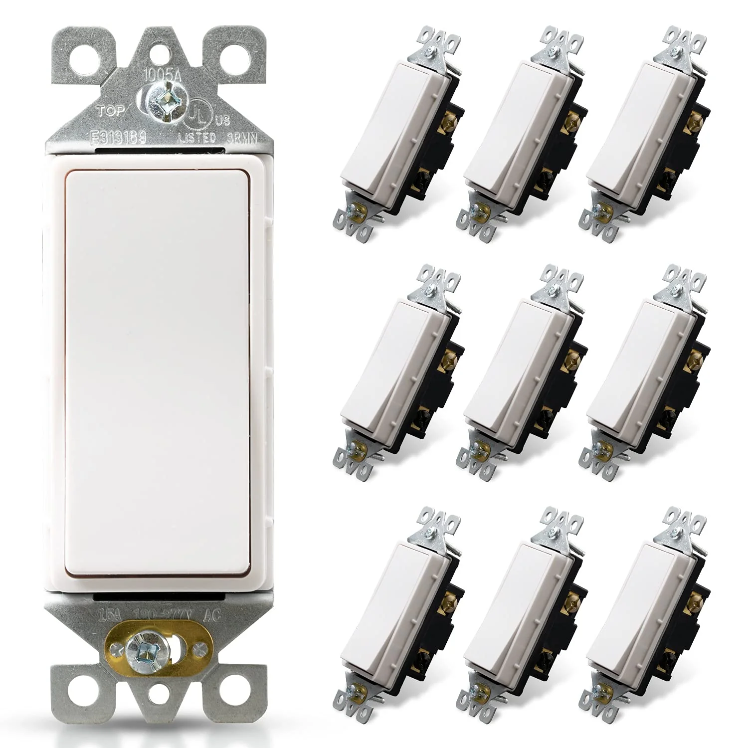3-Way Decorator Rocker Light Switch, 15A 120/277V, Self-Grounding, 10-Pack
