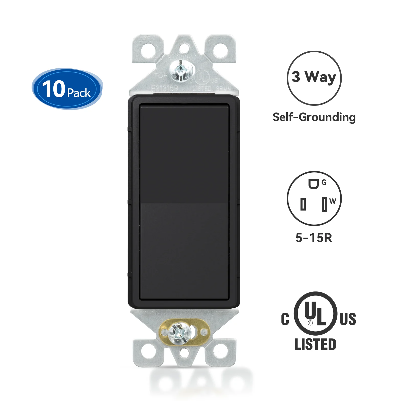 3-Way Decorator Rocker Light Switch, 15A 120/277V, Self-Grounding, 10-Pack - Image 3