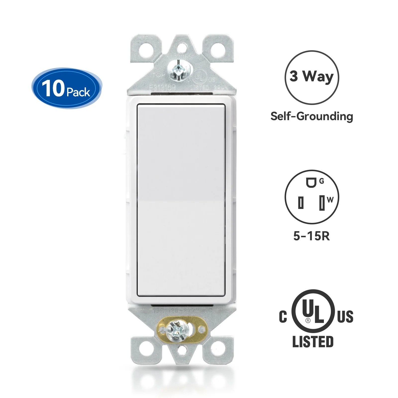3-Way Decorator Rocker Light Switch, 15A 120/277V, Self-Grounding, 10-Pack - Image 4