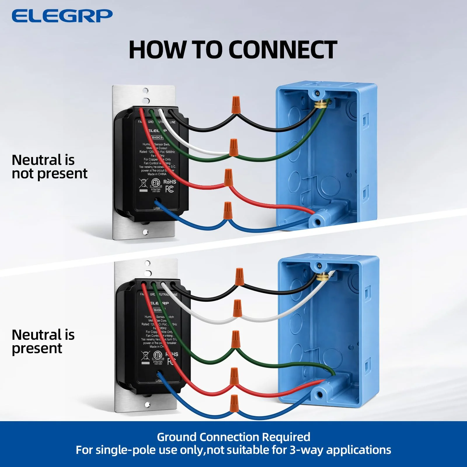 ELEGRP Dual Combination Humidity Sensor Switch with Light Control, Exhaust Fan Automate Ventilation, Moisture Control, Air Circulation for Bathroom, Ground Wire Required, Single Pole - Image 2
