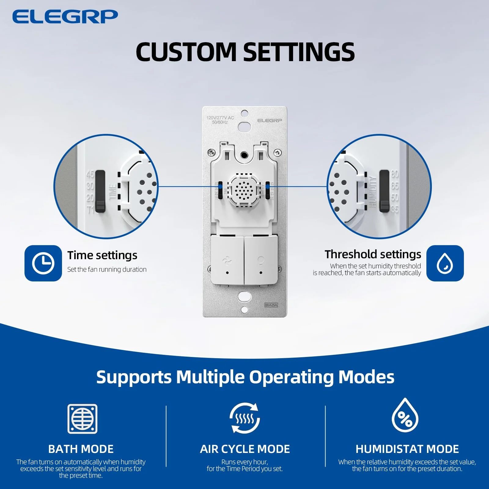 ELEGRP Dual Combination Humidity Sensor Switch with Light Control, Exhaust Fan Automate Ventilation, Moisture Control, Air Circulation for Bathroom, Ground Wire Required, Single Pole - Image 6