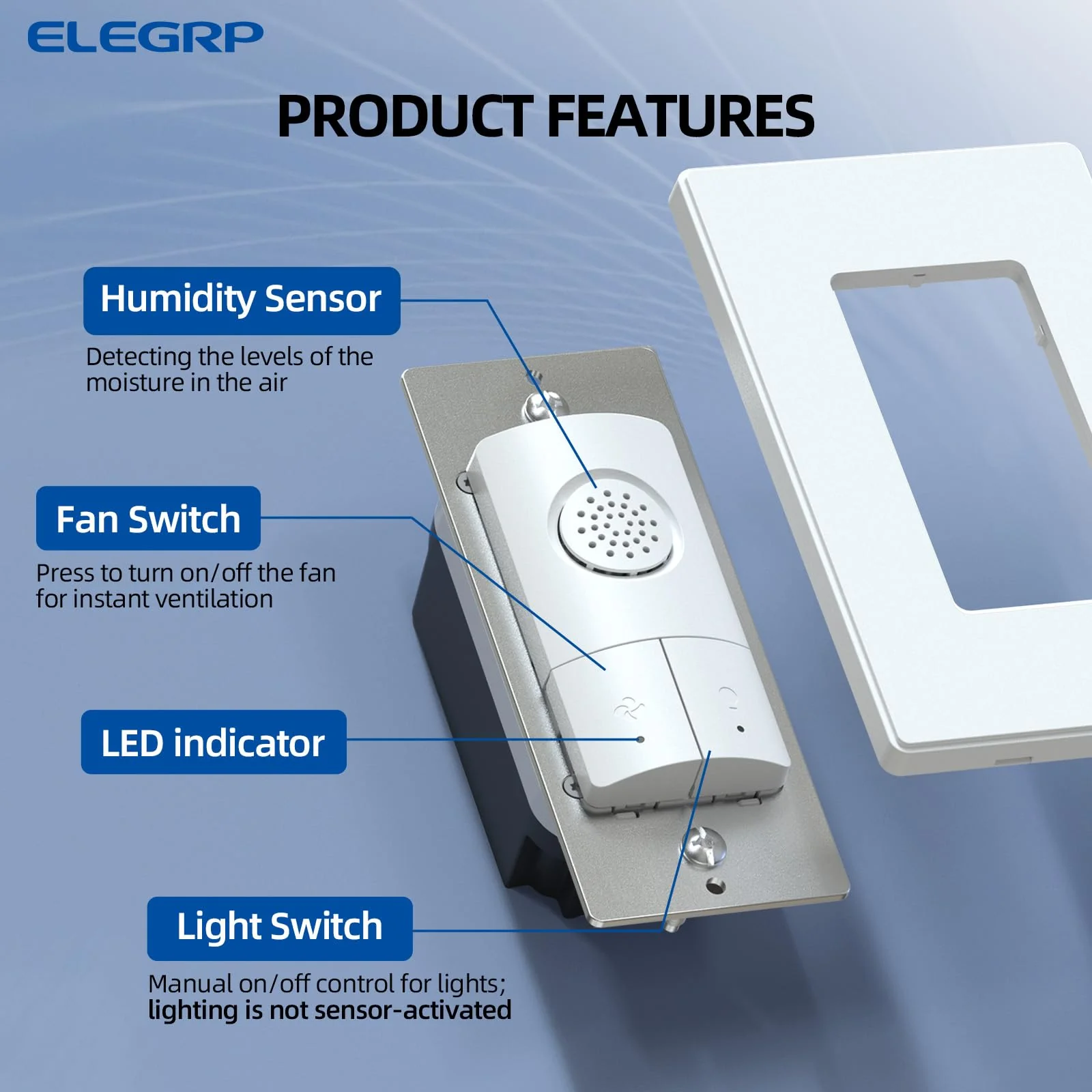 ELEGRP Dual Combination Humidity Sensor Switch with Light Control, Exhaust Fan Automate Ventilation, Moisture Control, Air Circulation for Bathroom, Ground Wire Required, Single Pole - Image 8