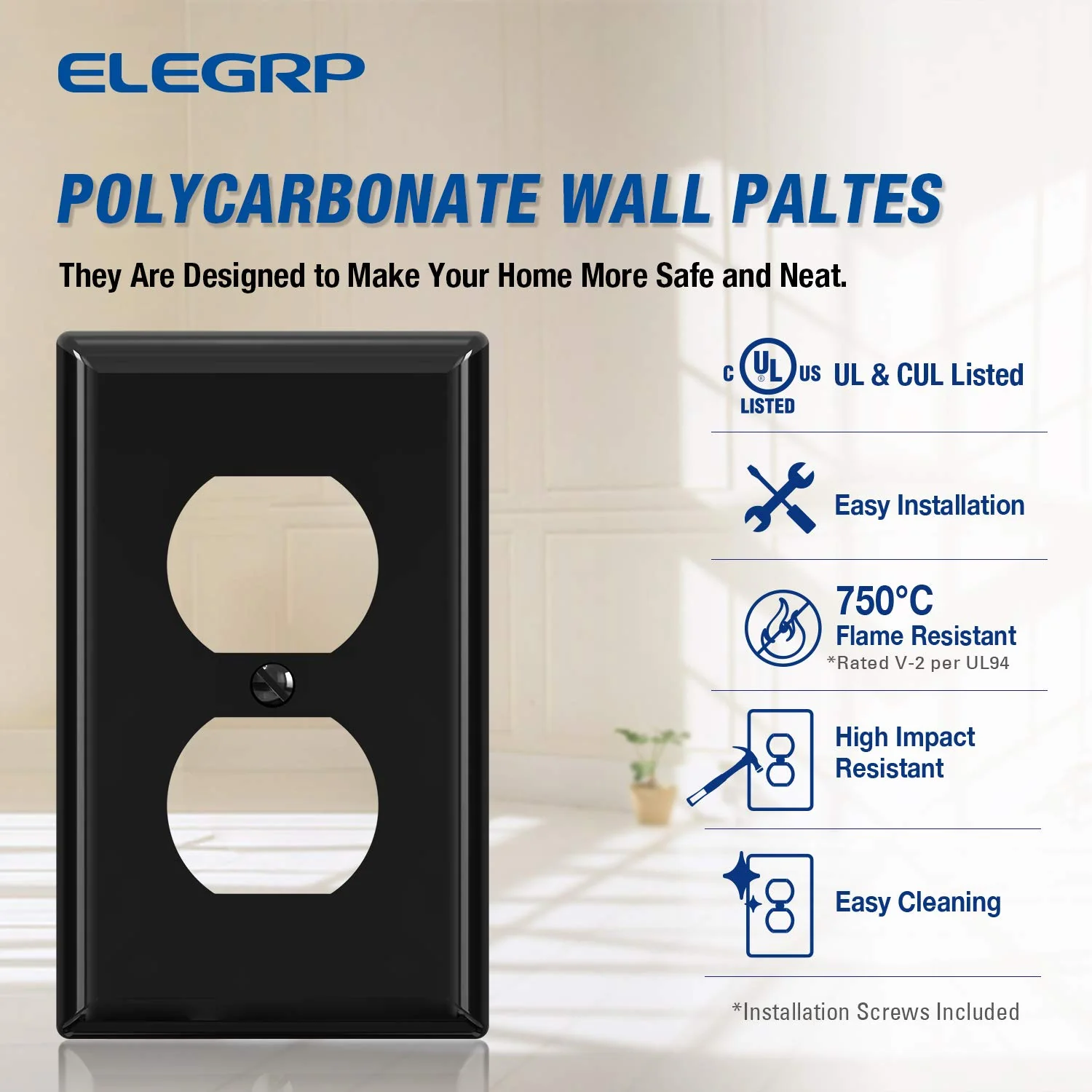 ELEGRP Duplex Receptacle Wall Plate, 1-Gang, Unbreakable Polycarbonate Outlet Cover, UL Listed, Screwless Design (5 Pack) - Image 5