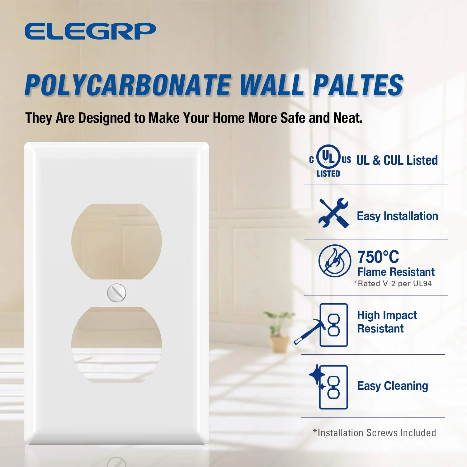 ELEGRP Duplex Receptacle Wall Plate, 1-Gang, Unbreakable Polycarbonate Outlet Cover, UL Listed, Screwless Design (5 Pack) - Image 9