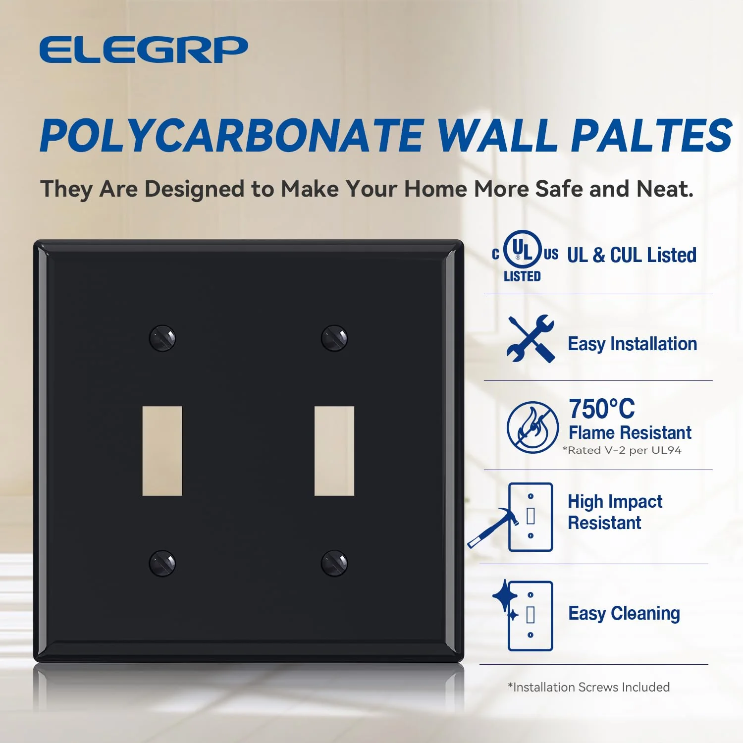 ELEGRP Toggle Light Switch Wall Plate, 1-Gang & 2-Gang Standard Size, Unbreakable Thermoplastic Covers, 5 Pack, Black/White - Image 19