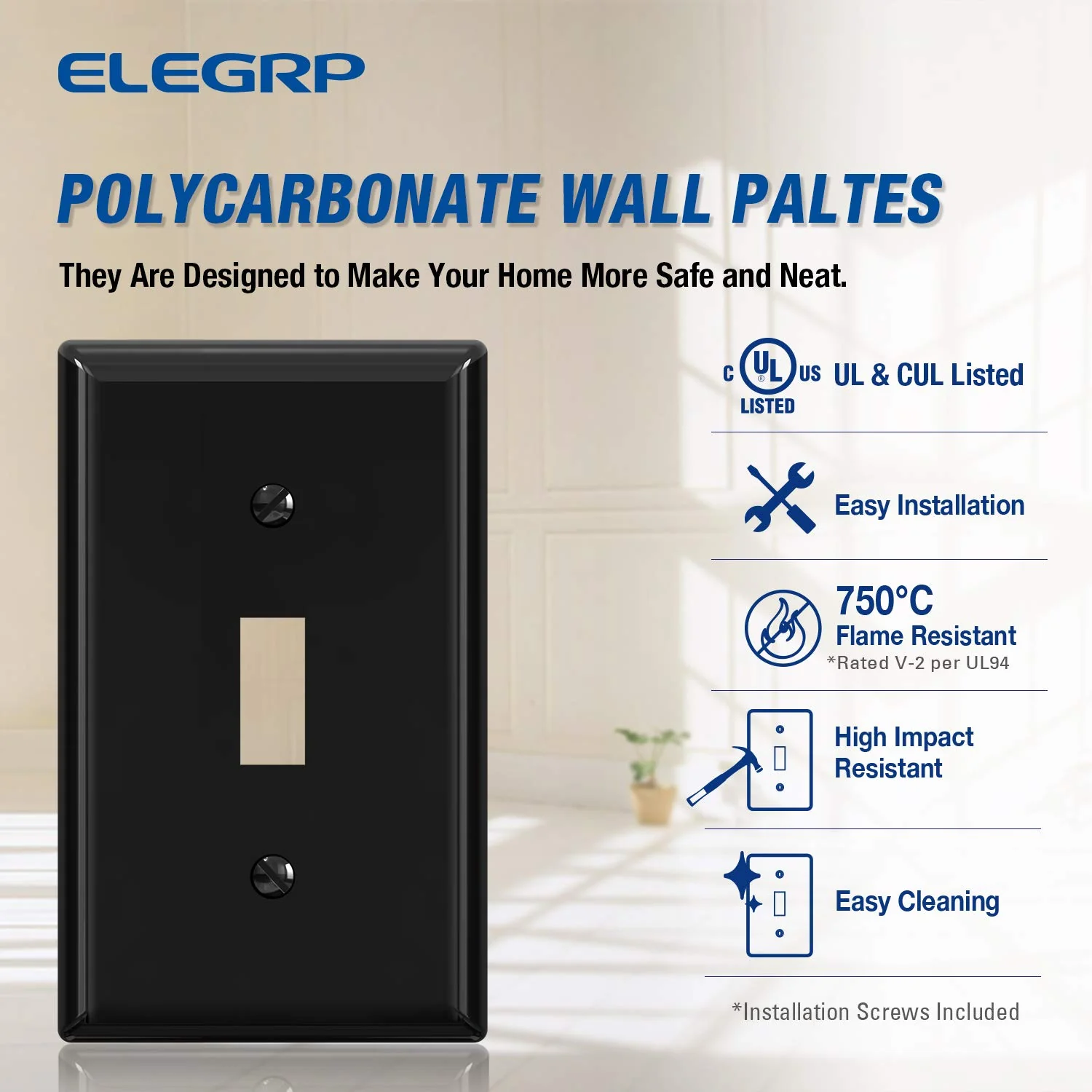 ELEGRP Toggle Light Switch Wall Plate, 1-Gang & 2-Gang Standard Size, Unbreakable Thermoplastic Covers, 5 Pack, Black/White - Image 5